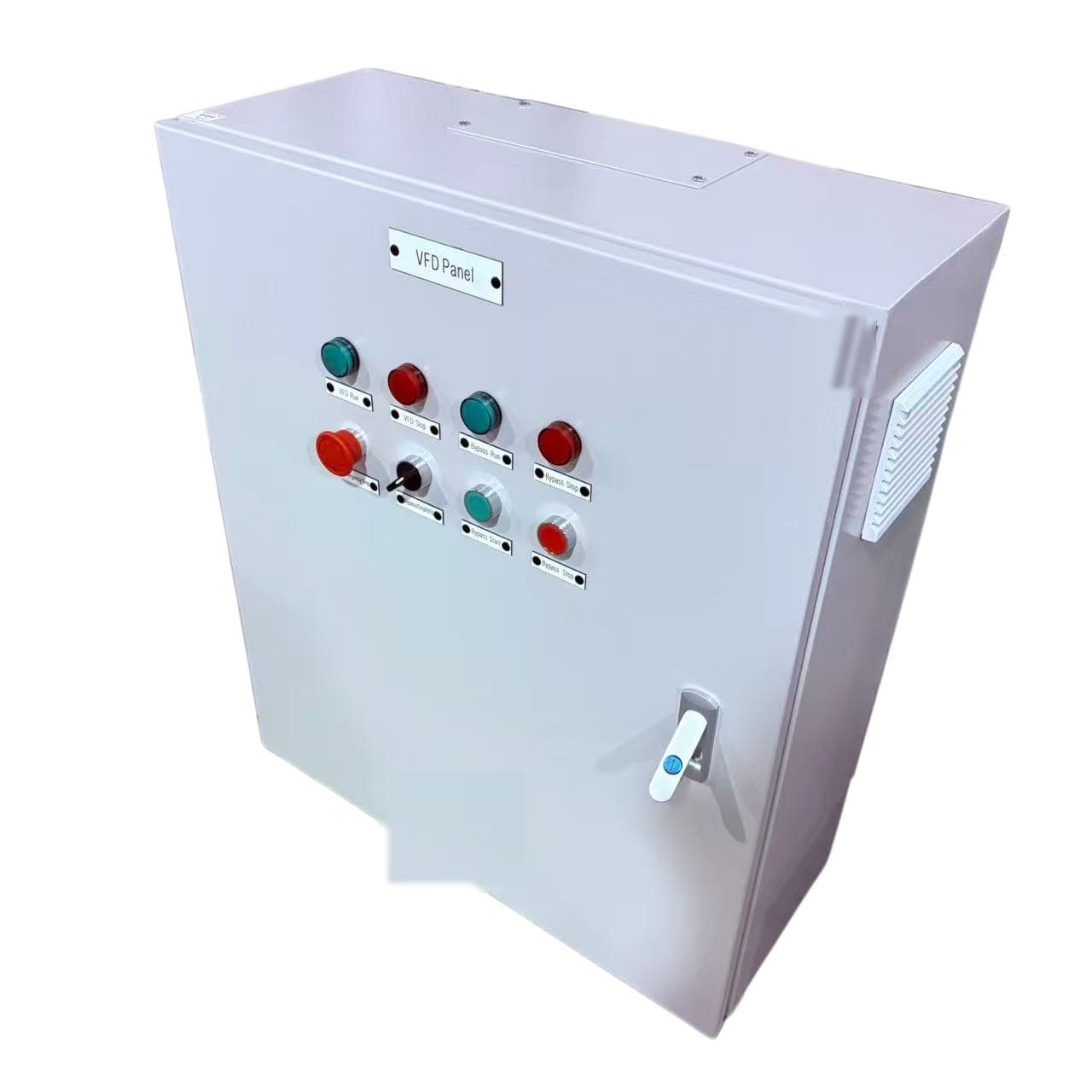 VFD duplex control panel with Inovance drives and IP54 enclosure, angled view